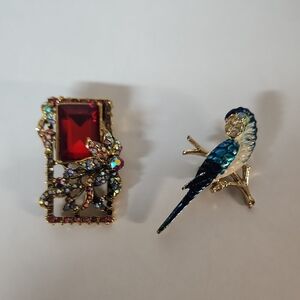 Elegant Gold and Blue Parrot Brooch Set